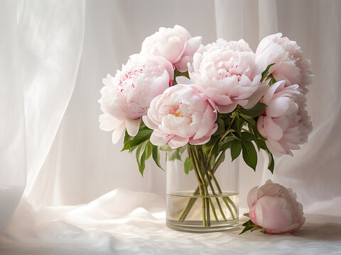 Copy space is available alongside a bouquet of pale pink peonies