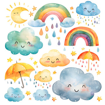 Cute watercolor illustration set of the weather