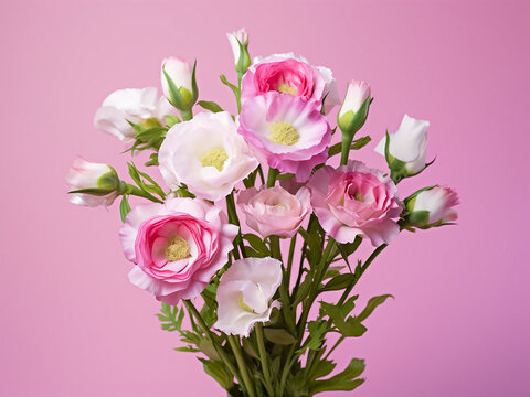 A bouquet of pink and white eustoma flowers with green leaves graces a white background
