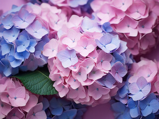 Fototapeta premium Hydrangeas in pink, purple, and blue adorn a pink background