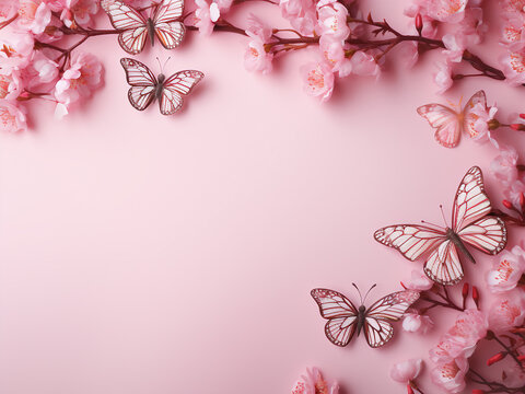 A pink background hosts pink flowers and butterflies, with copy space