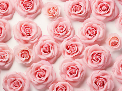 Flat lay of pink rose flowers and petals creates a charming floral arrangement