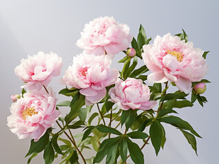 Peony flowers in pink and white bloom delicately on a light background, offering space for text