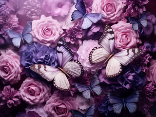 A stunning purple backdrop adorned with fluttering butterflies and flowers