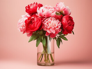 Fototapeta premium Vibrant red peonies create a luxurious bouquet against a pink backdrop