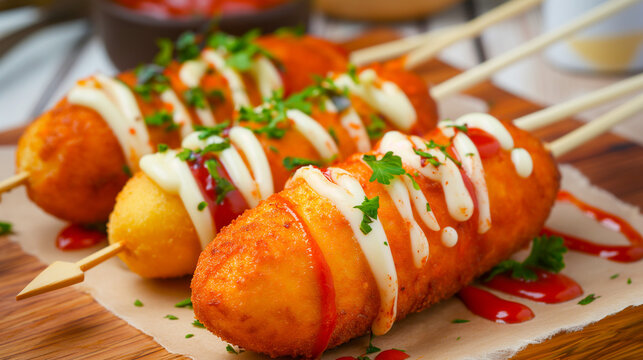  the corn dogs’ crispy texture and the gourmet quality suggested by the artisanal sauces and garnishes. It also hints at the delightful experience of enjoying this popular snack.