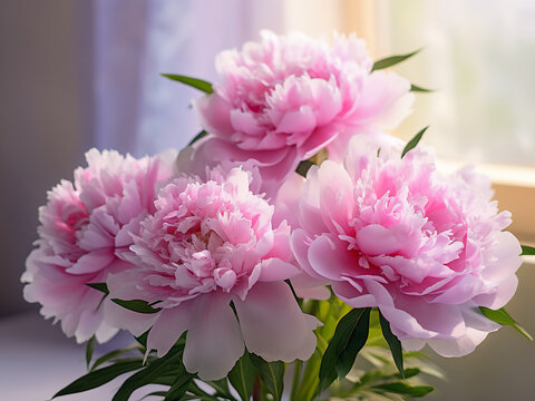 Light background showcases pink and white peony flowers, ideal for a gift with text space