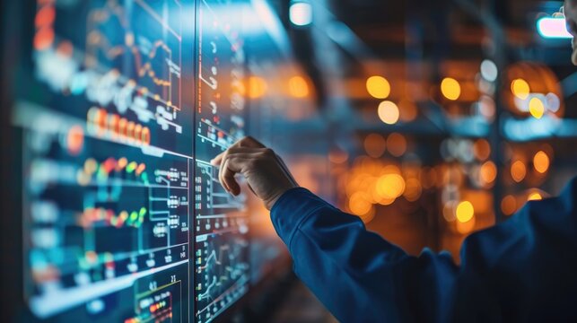 working hands of controller with data base from Scada system on computer screen.