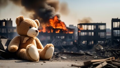 Teddy Bear Toy in Devastated City Landscape