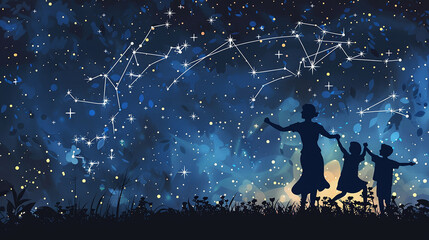 An illustration of a constellation in the night sky, where stars are connected to outline the silhouette of a joyful family dance, representing the celestial bond of family. 32k, full ultra hd