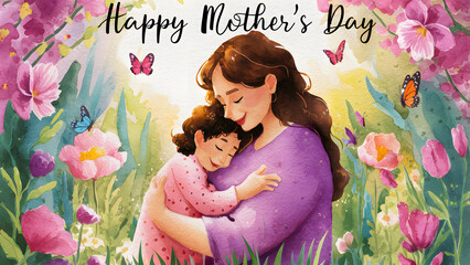 mother and child in a blooming garden, surrounded by vibrant flowers and butterflies, the mother tenderly embracing her child with a warm smile, conveying love and gratitude, Illustration