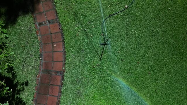 A sprinkler system is watering a lush, green lawn adjacent to a red brick pathway - slow motion