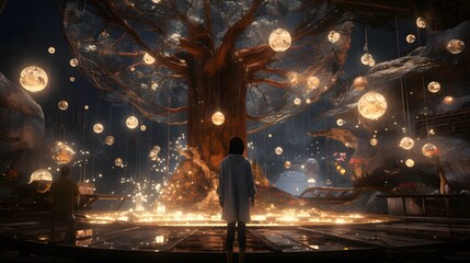 Craft a scene where AI entities participate in a crismis storytelling competition, weaving imaginative tales in a virtual setting - obrazy, fototapety, plakaty