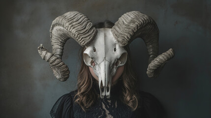 Woman with goat skull mask against a dark background. Witch with supernatural abilities symbolizing...
