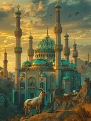 eid al adha, goat and mosque - generative ai - obrazy, fototapety, plakaty