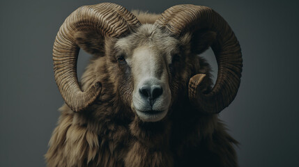 an elegant brown bighorn sheep-bear hybrid animal, with large curved horns and soft fur, looking directly at the camera against a plain grey background.
