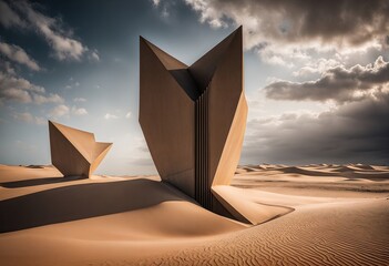 modern-looking sculpture in the desert, surrounded by sand dunes and a cloudy sky. The sculpture is made of concrete and resembles a jagged, triangular shape.