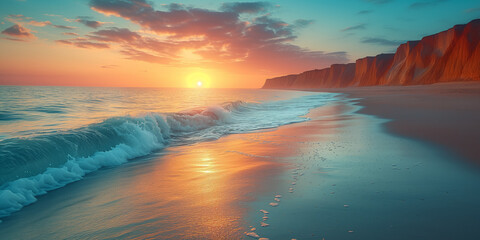 Serene sunset on a tranquil beach with gentle waves and cliffs