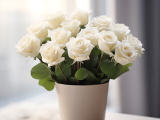 White roses flourish in a pot against a soft, illuminated background - obrazy, fototapety, plakaty