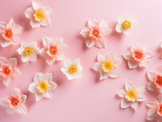 Fototapeta na wymiar Flat lay style showcases spring blossoms with daffodil flowers on pink background
