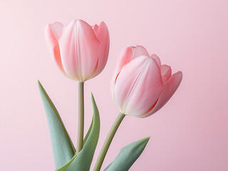 Fototapeta premium Pink tulip flowers bloom in a nature-themed flat lay for Valentine's Day