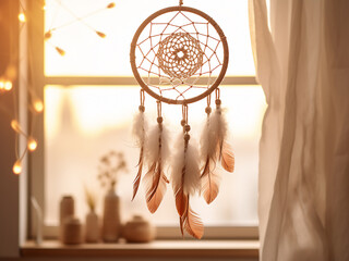 Bedroom decor features a beige brown dream catcher hanging on a door - obrazy, fototapety, plakaty