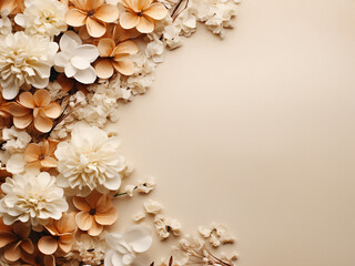 Top view of beige floral arrangement offers a chic backdrop for celebrations