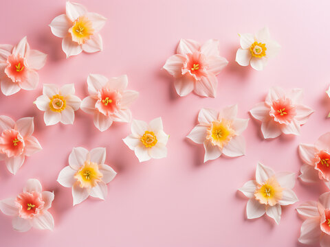 Flat lay style showcases spring blossoms with daffodil flowers on pink background