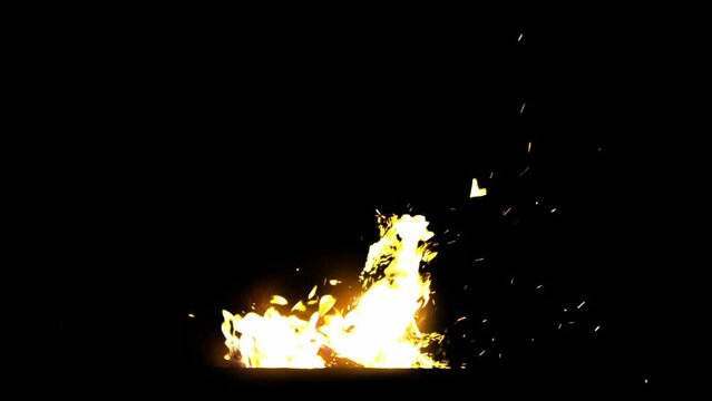 Camp fire isolated video texture for movie and game projects with lots of sparkles and flames. Black background of screen overlay vfx effects. 