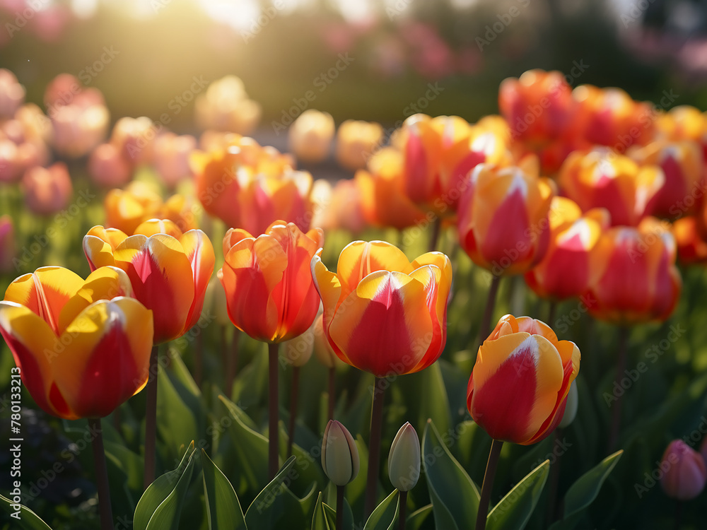 Wall mural Vibrant tulips create a colorful backdrop in a garden setting