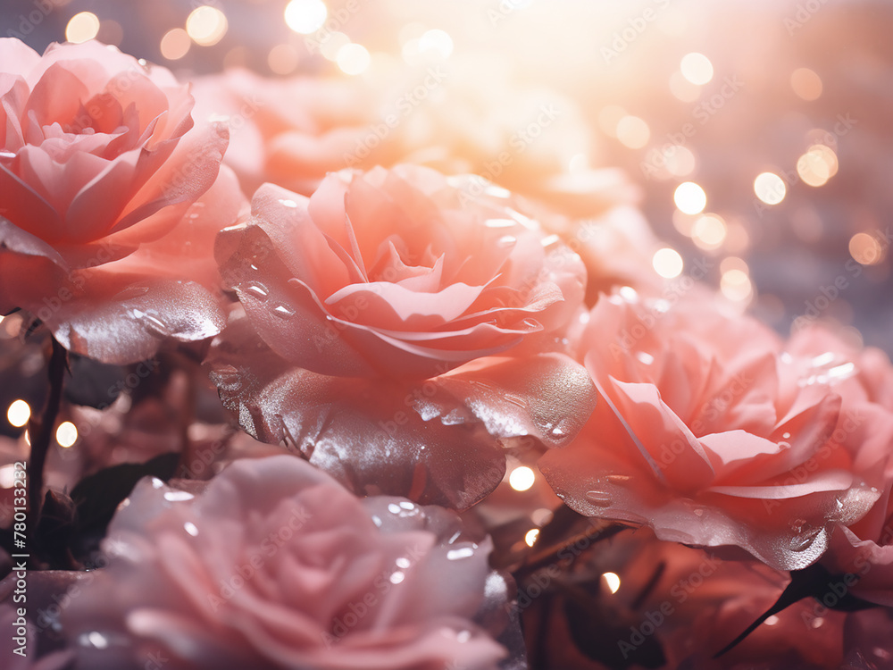 Poster rose bokeh and soft lights create an abstract, sparkling backdrop