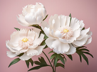 Pastel pink backdrop highlights blossoming white peonies