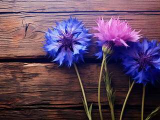 Weathered pink wood serves as the backdrop for blue cornflowers in a flat lay - obrazy, fototapety, plakaty