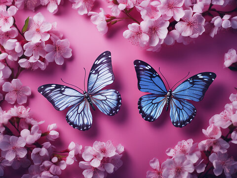 Top view displays blue butterflies and pink flowers against a purple backdrop