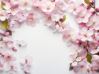 Fototapeta na wymiar Blossom pink apple tree flowers create a border on a white table, leaving room