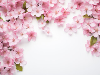 Obraz premium Pink roses create a border against a light wooden backdrop, ideal for text