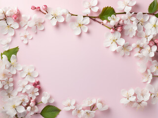 Fototapeta na wymiar White fruit blossom branches form a border on pink floral, space for text