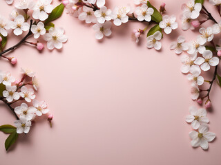 Obraz premium White fruit blossom branches form a border on pink floral pattern, perfect for text