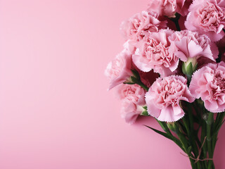 Carnations arranged delicately on a pastel pink backdrop, offering text space