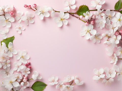 White fruit blossom branches form a border on pink floral, space for text