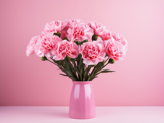 Fototapeta premium Pink carnations convey holiday wishes against a vibrant yellow backdrop