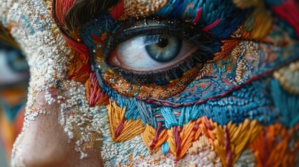 Macro shot of a colorful embroidered eye