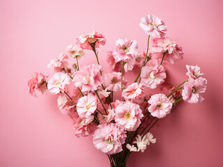 Pink flowers arranged on a pink backdrop, providing space for text