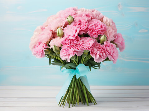 Light turquoise wooden backdrop hosts a bouquet of pink carnations