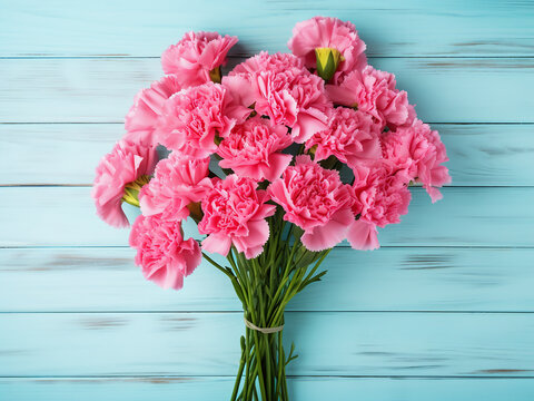 Pink carnations arranged beautifully on light turquoise wooden background