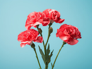 Obraz premium Three red carnations arranged on pastel blue background for design