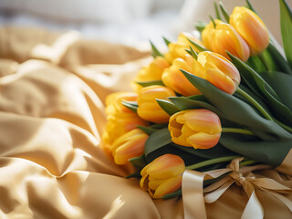 Yellow tulips and a gift box create a cheerful scene on a bed