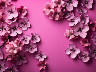 Vibrant flowers on a pink-purple backdrop create a top-view flat lay with plenty of copy space