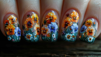 nail art of 3colors pansy flowers,natural garden,generative ai