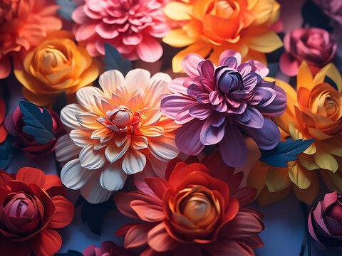 Vibrant paper artificial flowers form a bright and colorful backdrop